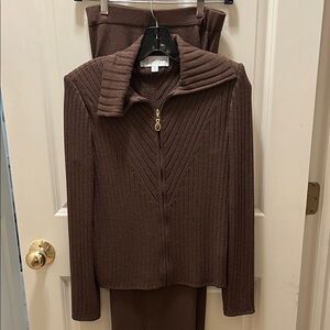 St. John Brown Ribbed Sweater and Pants Set